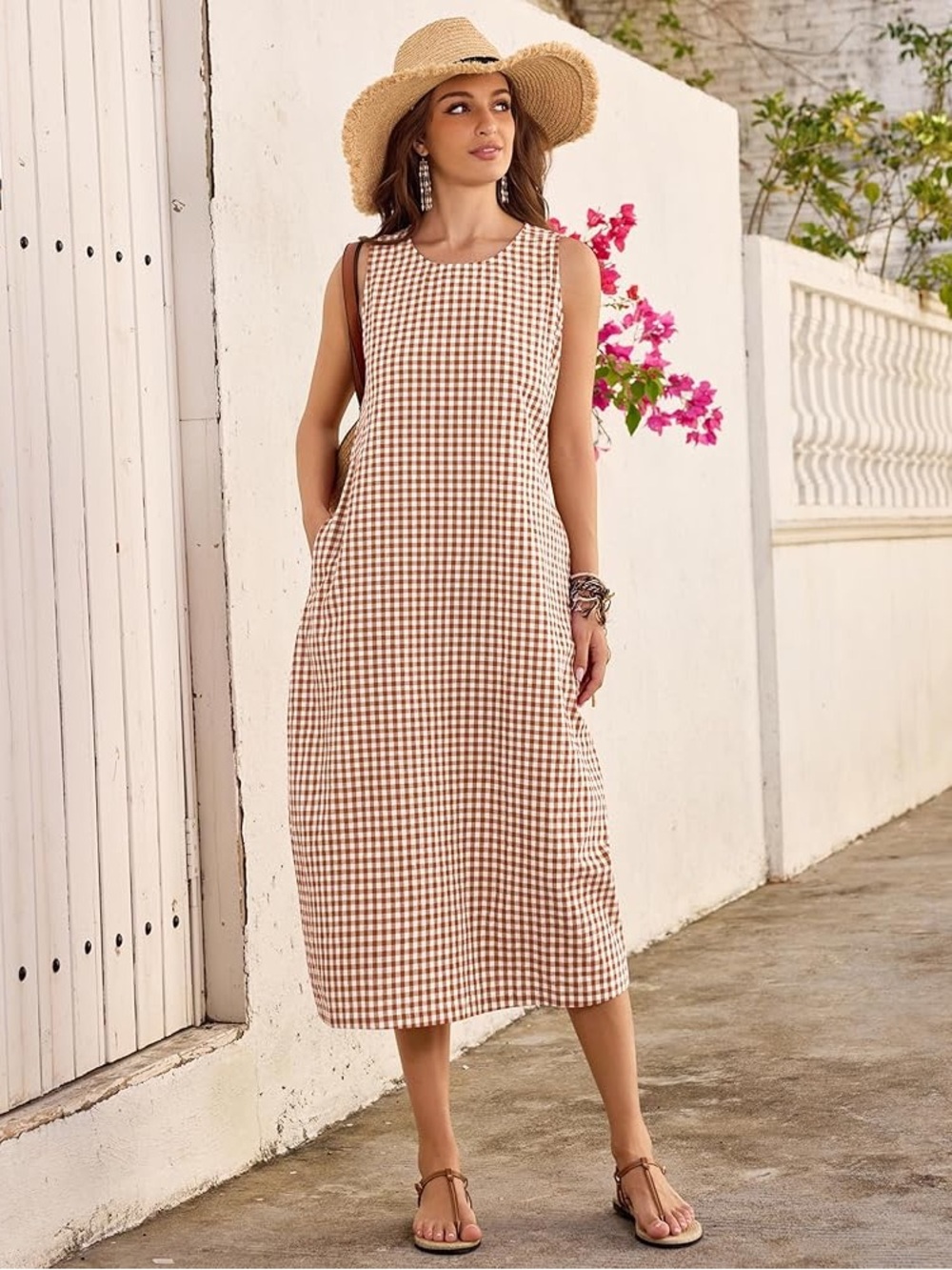 Sleeveless Gingham Midi Dress in Light Brown 100% Cotton